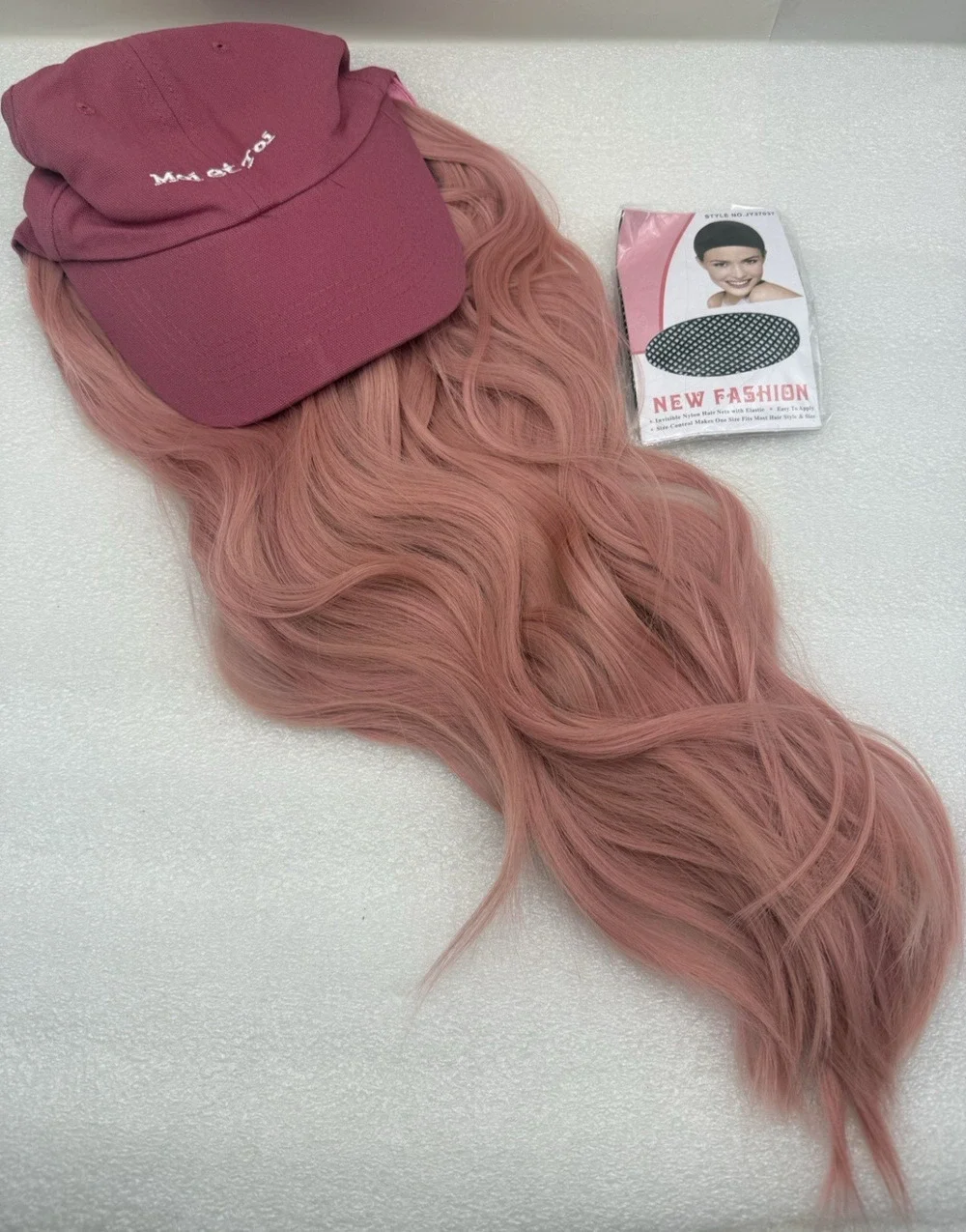 Baseball Cap Wig Pink Hat with Hair for Women Adjustable w/Heat Resistant *READ